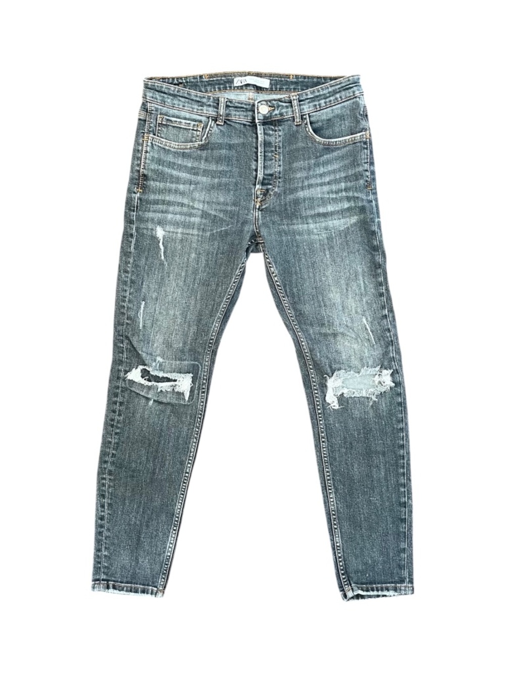 Zara Men's Skinny Ripped Distressed Jeans Black Denim Size 32
